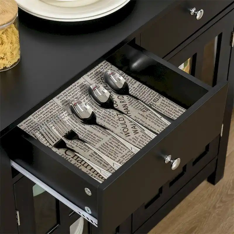 Glass Doors Buffet Cabinet with Adjustable Shelf and 2 Drawers - N/A