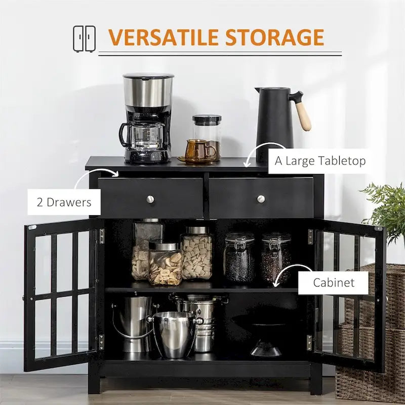 Glass Doors Buffet Cabinet with Adjustable Shelf and 2 Drawers - N/A
