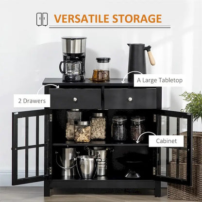 Glass Doors Buffet Cabinet with Adjustable Shelf and 2 Drawers - N/A