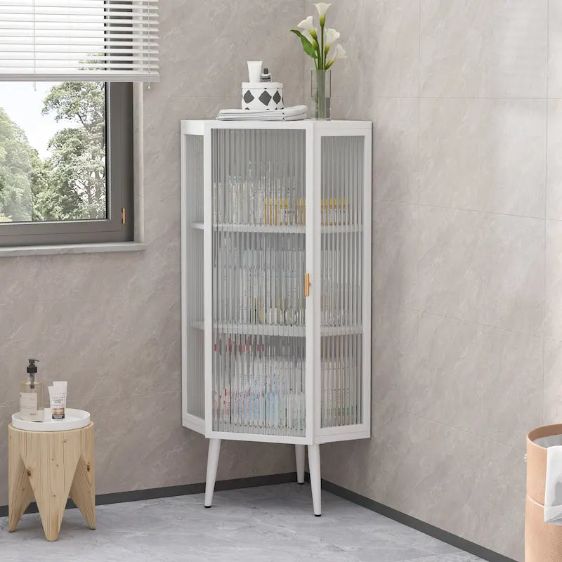 Three Tiers Cabinet with Tempered Glass Doors and Storage Shelves