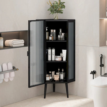 Three Tiers Cabinet with Tempered Glass Doors and Storage Shelves