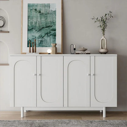 Stylish and Functional 4-Door Intaglio Storage Cabinet with Pine Legs, Solid Wood Pulls and MDF