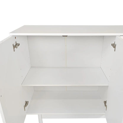 Stylish and Functional 4-Door Intaglio Storage Cabinet with Pine Legs, Solid Wood Pulls and MDF
