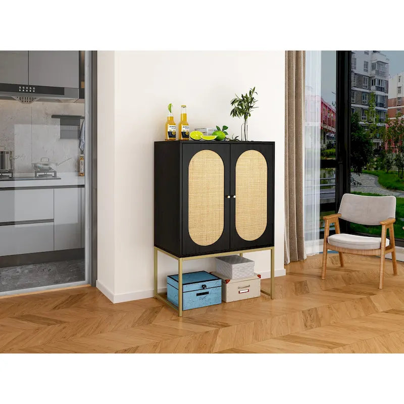 2 Door High Cabinet,Natural Rattan 2 Door high cabinet,Built-in adjustable shelf,Free Standing Cabinet