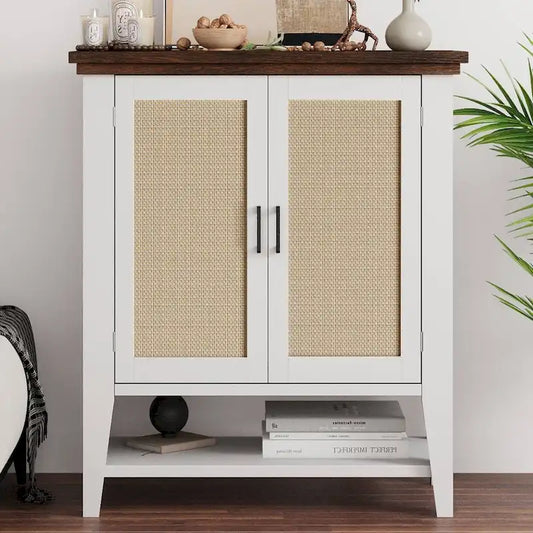 Rattan Storage Cabinet with Shelves and Doors - N/A