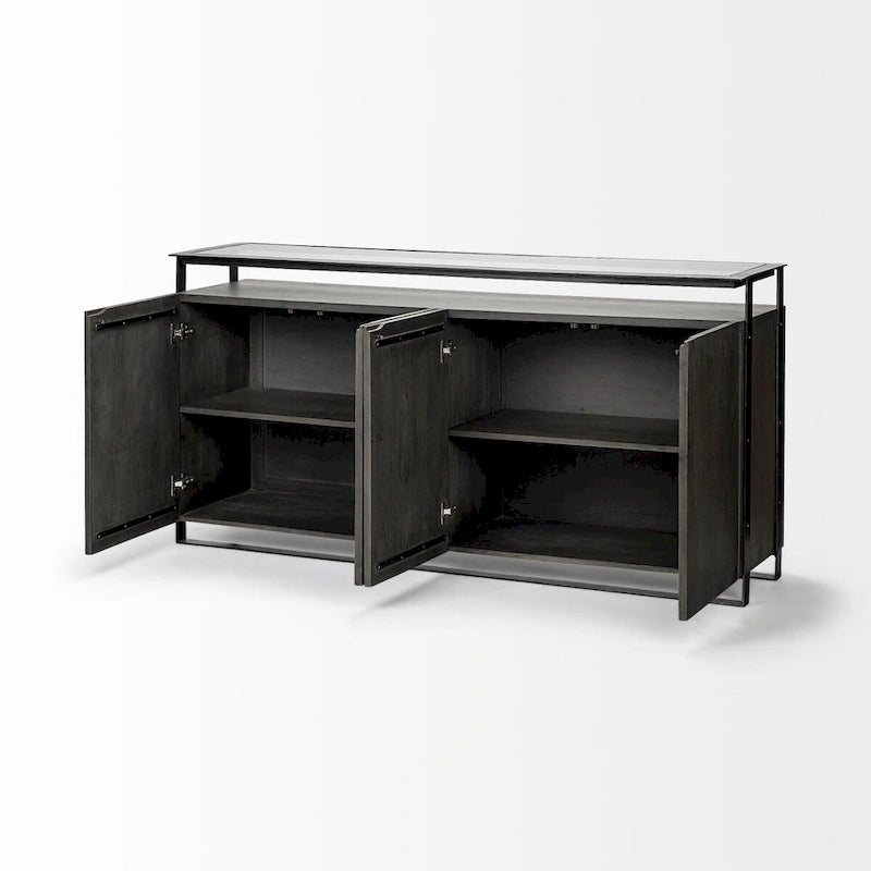 Vidro III Glass Top 4 Solid Wood Door w/ Metal Frame Sideboard - 72.0L x 18.0W x 35.8H