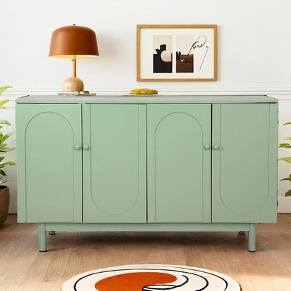 Modern 4 Door Intaglio Storage Cabinet with Adjustable Shelf, Stylish and Accent Cabinet with Pine Legs, Buffet Sideboard