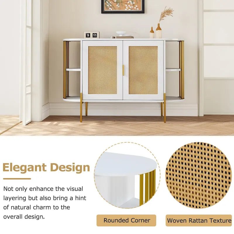 2-Door Elegant Curved Dining Cabinet with Gold Trim and Woven Rattan Doors for Dining Room
