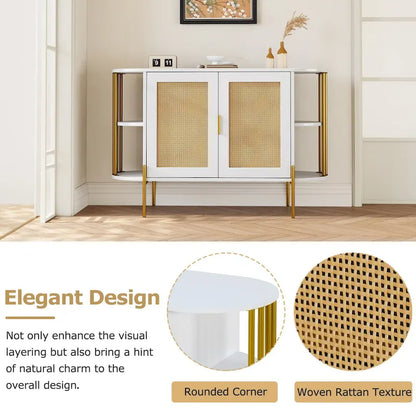 2-Door Elegant Curved Dining Cabinet with Gold Trim and Woven Rattan Doors for Dining Room