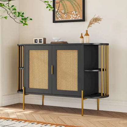 2-Door Elegant Curved Dining Cabinet with Gold Trim and Woven Rattan Doors for Dining Room