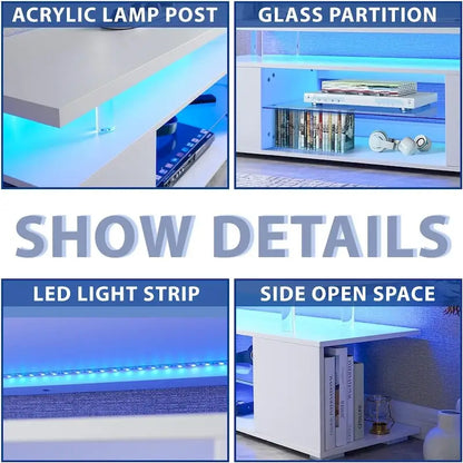 Center Media Storage Console Table with Large Side Cabinet for Living Room - White