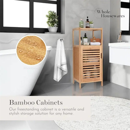 Bamboo Shoe Rack Cabinet Shelf Storage with Doors for Bathroom - 13.2D x 14.4W x 33.8H
