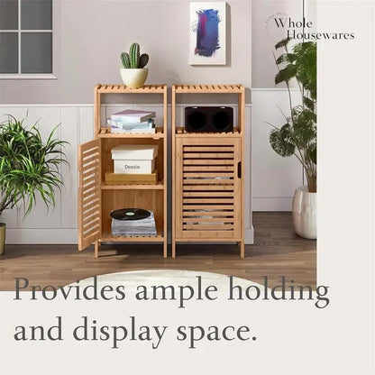 Bamboo Shoe Rack Cabinet Shelf Storage with Doors for Bathroom - 13.2D x 14.4W x 33.8H