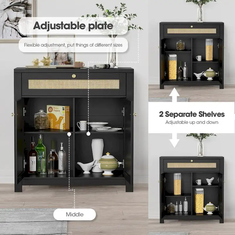 Anmytek 2-Door Black Rattan Cabinet with Drawer Storage Sideboard Buffet 31.5W x 13.7D x 32.8H
