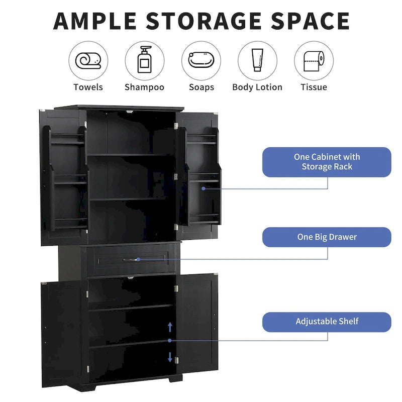 Bathroom Storage Cabinet with Doors and Drawer, Multiple Storage Space, Adjustable Shelf