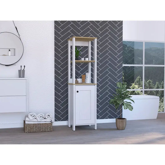 Linen Cabinet Jannes, Two Open Shelves, Single Door, Light Oak / White Finish