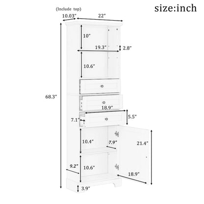 68Tall Storage Cabinet with 3 Drawers and Adjustable Shelves for Bathroom, Kitchen and Living Room