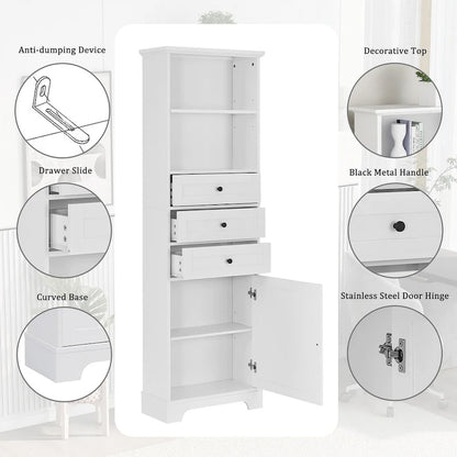 68Tall Storage Cabinet with 3 Drawers and Adjustable Shelves for Bathroom, Kitchen and Living Room