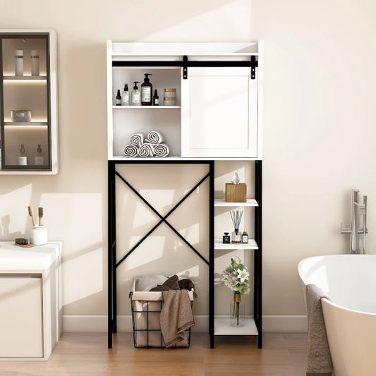 Bathroom Over The Toilet Storage Cabinet With Sliding Barn and Shelves - N/A