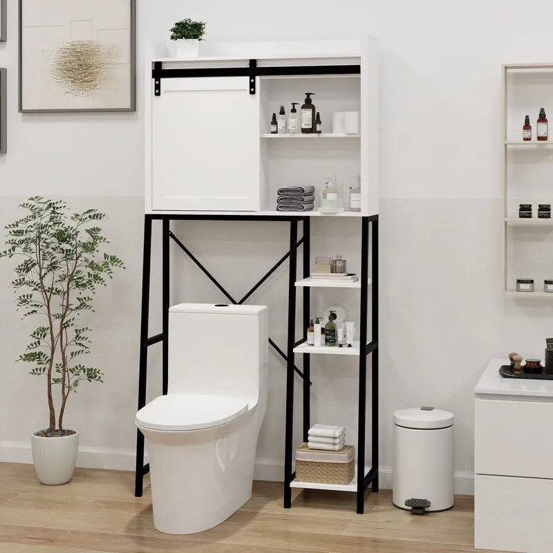 Grondin Mid-Cen tury Modern Style Over-the-Toilet Bathroom Storage Cabinet, Barn Door Wooden Bathroom Organizer Space Saver Rack
