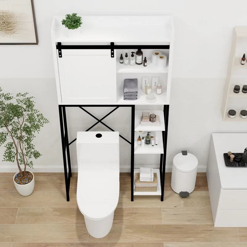 Grondin Mid-Cen tury Modern Style Over-the-Toilet Bathroom Storage Cabinet, Barn Door Wooden Bathroom Organizer Space Saver Rack