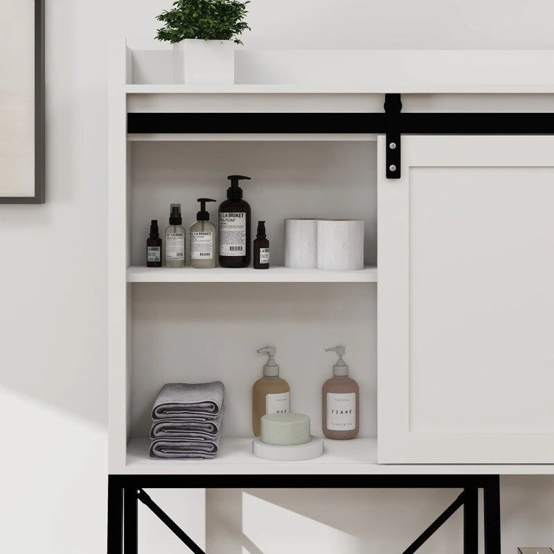 Grondin Mid-Cen tury Modern Style Over-the-Toilet Bathroom Storage Cabinet, Barn Door Wooden Bathroom Organizer Space Saver Rack