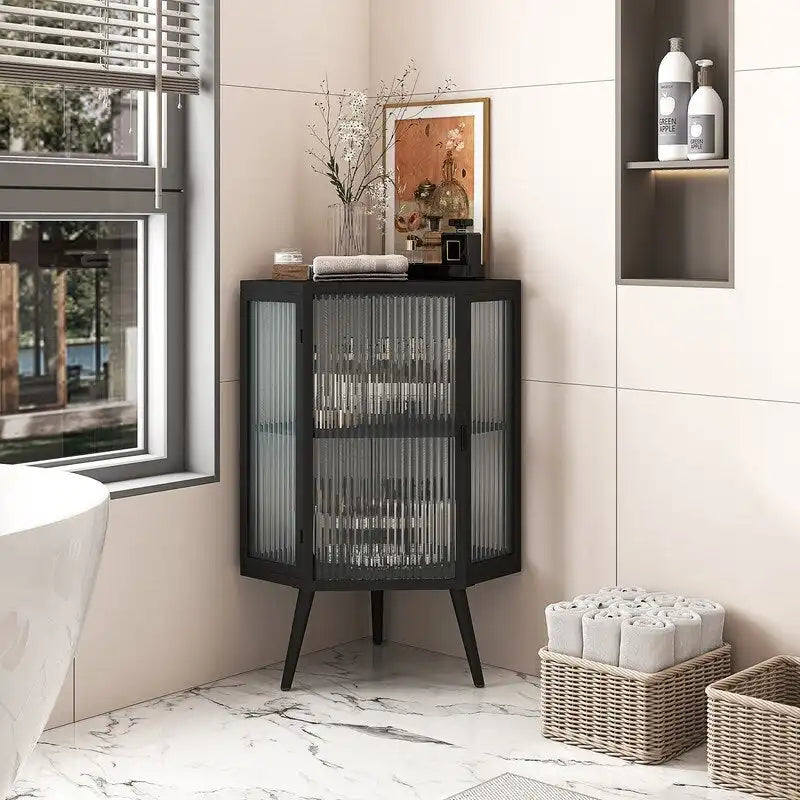 Grondin Modern Style 22.25 Bathroom Corner Storage Cabinet with Tempered Glass Doors and Interior Adjustable Shelf
