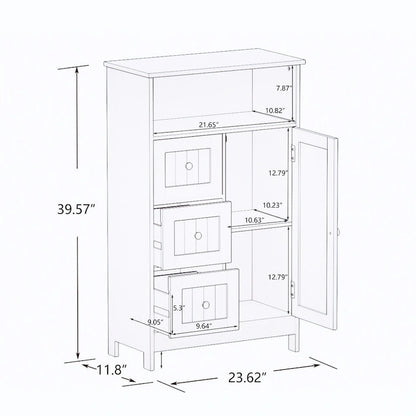 Standing bathroom storage cabinet with 3 drawers and 1 door