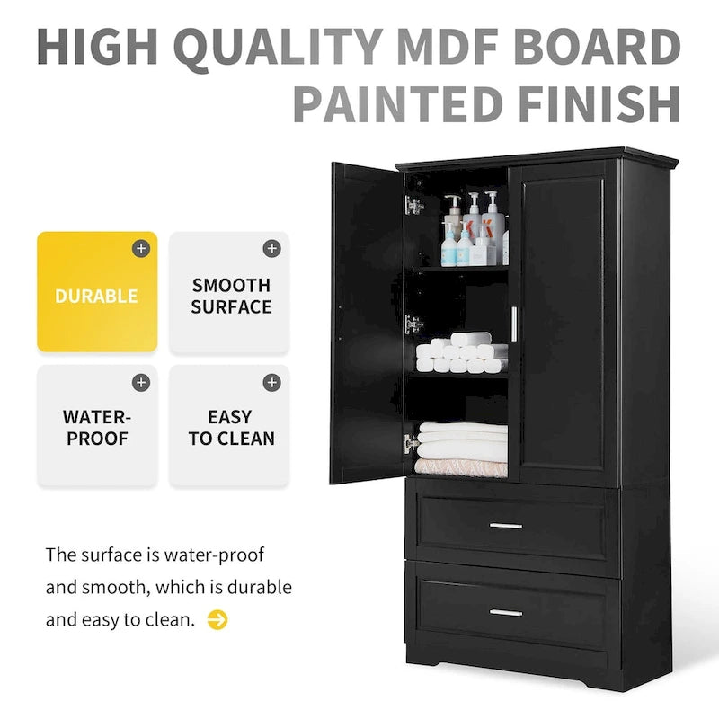 Tall Bathroom Storage Cabinet, Cabinet with Two Doors and Drawers, Adjustable Shelf, MDF Board, Black