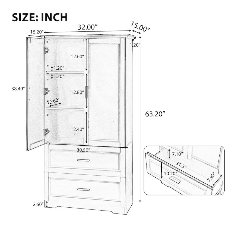 Tall Bathroom Storage Cabinet, Cabinet with Two Doors and Drawers, Adjustable Shelf, MDF Board, Black