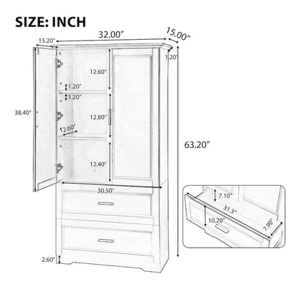 Tall Bathroom Storage Cabinet, Cabinet with Two Doors and Drawers, Adjustable Shelf, MDF Board, Black