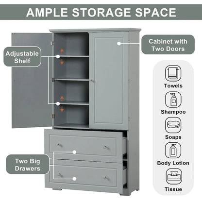 Wide Bathroom Storage Cabinet Freestanding Storage Cabinet with Two Drawers and Adjustable Shelf MDF Board with Painted Finish