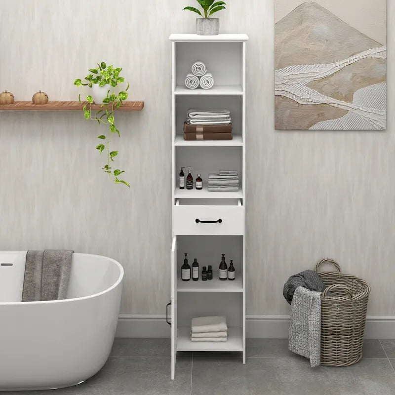 Floor Standing Cabinet with 1 Door and 1 Drawer, Tall Bathroom Storage Cabinet