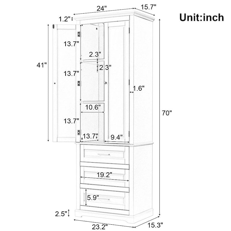 Tall Storage Cabinet with Three Drawers for Bathroom