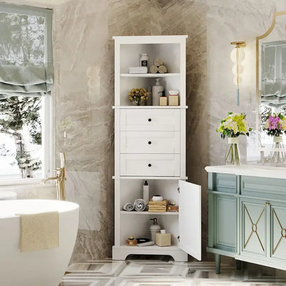 Triangle Tall Cabinet with 3 Drawers and Adjustable Shelves, MDF Board with Painted Finish