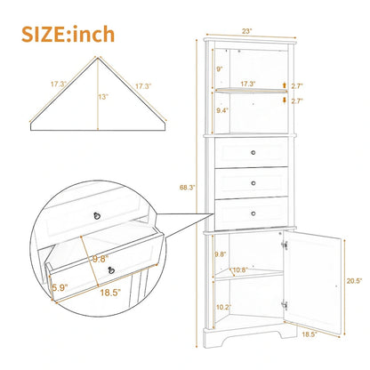 Triangle Tall Cabinet with 3 Drawers and Adjustable Shelves, MDF Board with Painted Finish