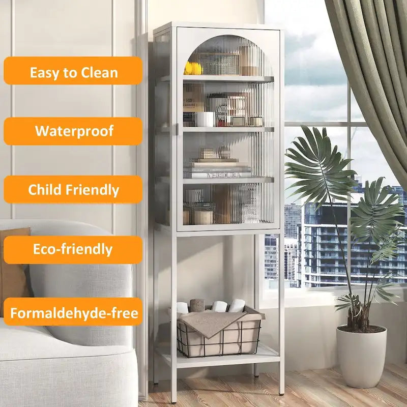 Metal Glass Door Display Storage Cabinet - 5-Tier Cube Bookshelf Storage Cabinet with 3 Adjustable Shelves