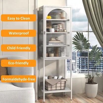 Metal Glass Door Display Storage Cabinet - 5-Tier Cube Bookshelf Storage Cabinet with 3 Adjustable Shelves