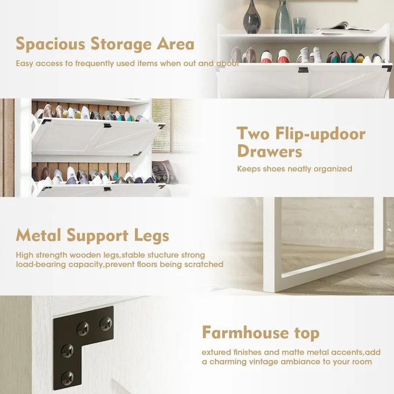 Narrow Rack Shoe Cabinet with 2 Flip Drawers and Open Shelf