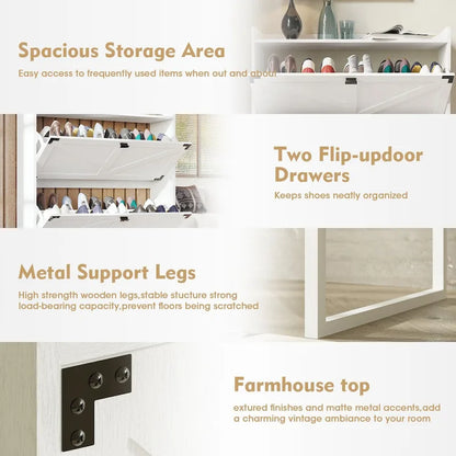 Narrow Rack Shoe Cabinet with 2 Flip Drawers and Open Shelf