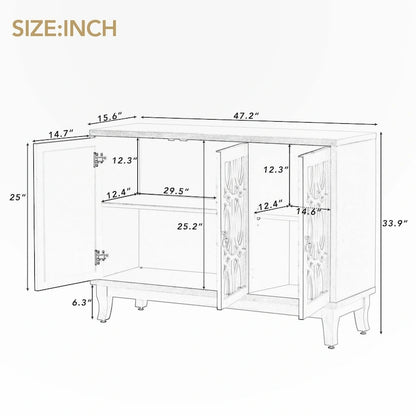 Sideboard with Glass Doors and Silver Handle for Living Room