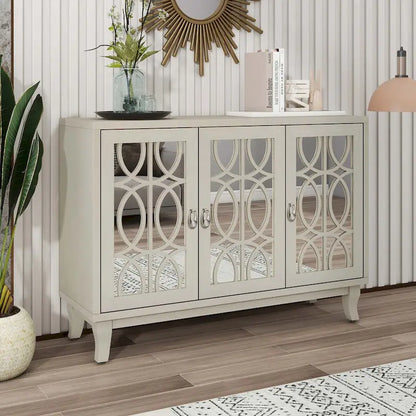 Sideboard with Glass Doors and Silver Handle for Living Room