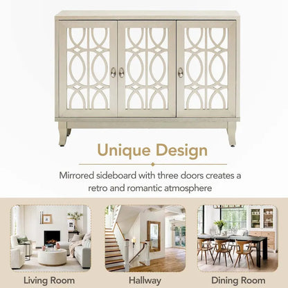 Sideboard with Glass Doors and Silver Handle for Living Room