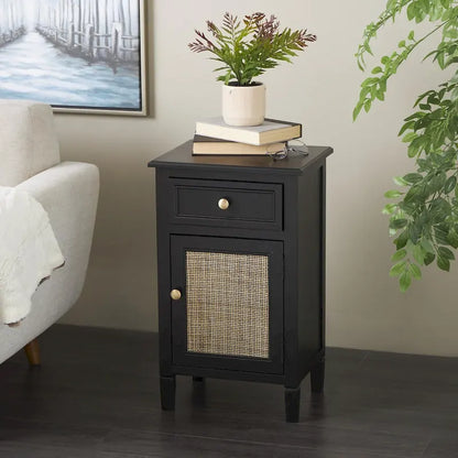 Wood Handmade 1 Drawer and 1 Door Room Cabinet with Rattan Front - Black - Roche River Decor