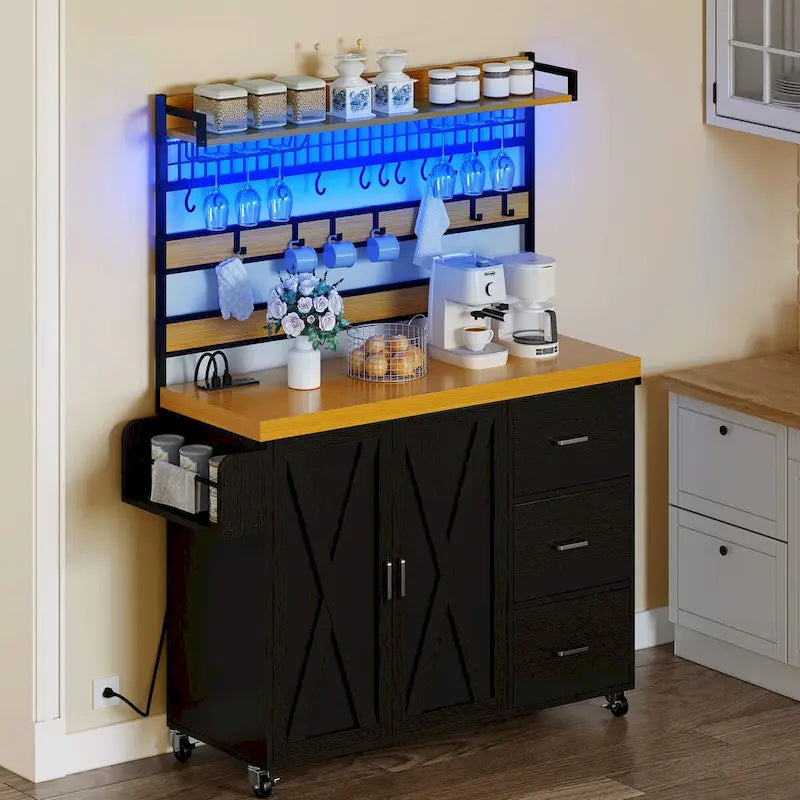 Moasis Large Rolling Kitchen Island With Power Outlet & LED Light, Storage Cabinet With Tall Shelf