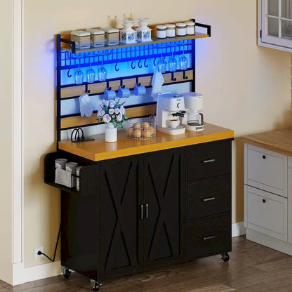 Moasis Large Rolling Kitchen Island With Power Outlet & LED Light, Storage Cabinet With Tall Shelf