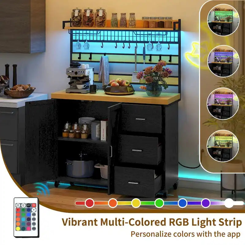 Moasis Large Rolling Kitchen Island With Power Outlet & LED Light, Storage Cabinet With Tall Shelf