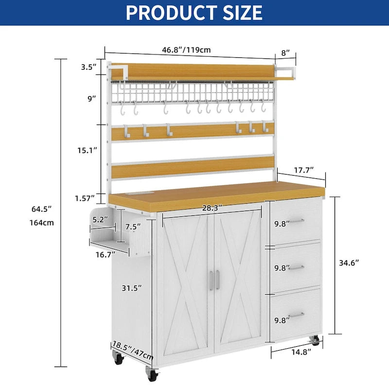Moasis Large Rolling Kitchen Island With Power Outlet & LED Light, Storage Cabinet With Tall Shelf