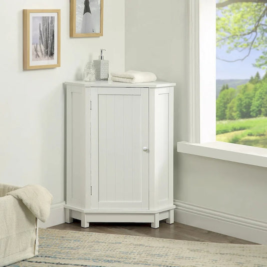 White Bathroom Cabinet Triangle Corner Storage Cabinet with Adjustable Shelf Modern Style MDF Board