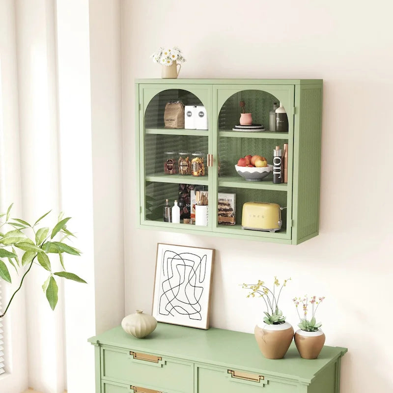 Roomfitters 27.56 Modern Glass Door Wall Cabinet with Three-Tier Storage for Entryway, Living Room, Bathroom